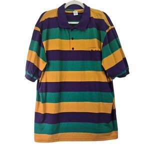 Mardi Gras Striped Polo Shirt Mens XXL Purple Green Gold Short Sleeve Pocket